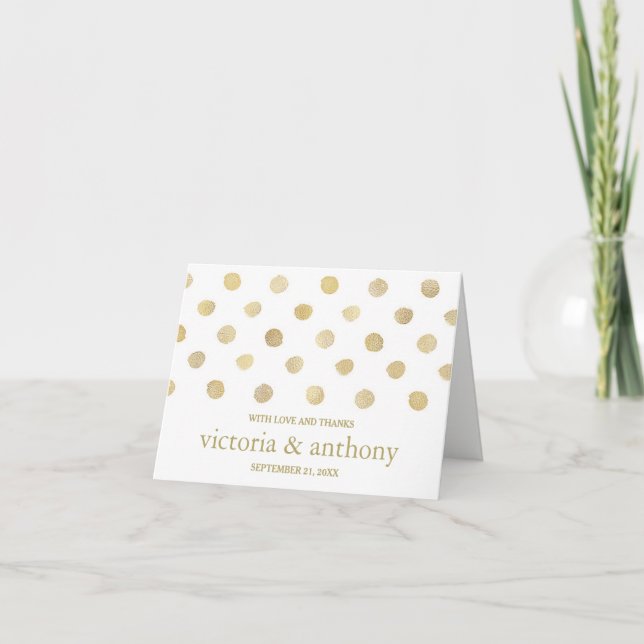Modern White & Gold Polka Dots Wedding Thank You Card (Front)