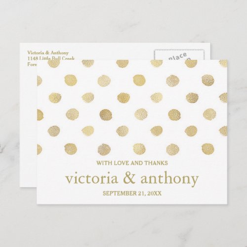 Modern White  Gold Polka Dots Wedding Thank You Postcard