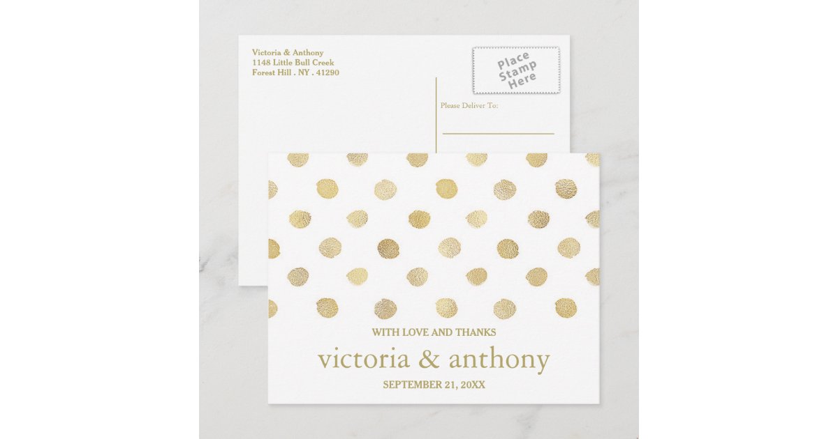 Modern White & Gold Polka Dots Wedding Thank You Postcard | Zazzle
