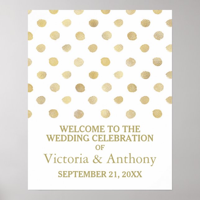 Modern White & Gold Polka Dots Wedding Welcome Poster (Front)