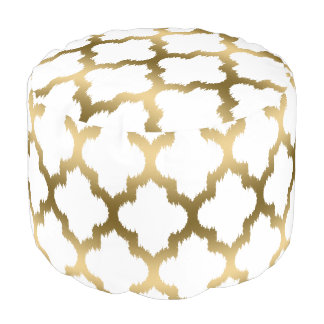 Modern White & Gold Quatrefoil Ikat Pattern Pouf