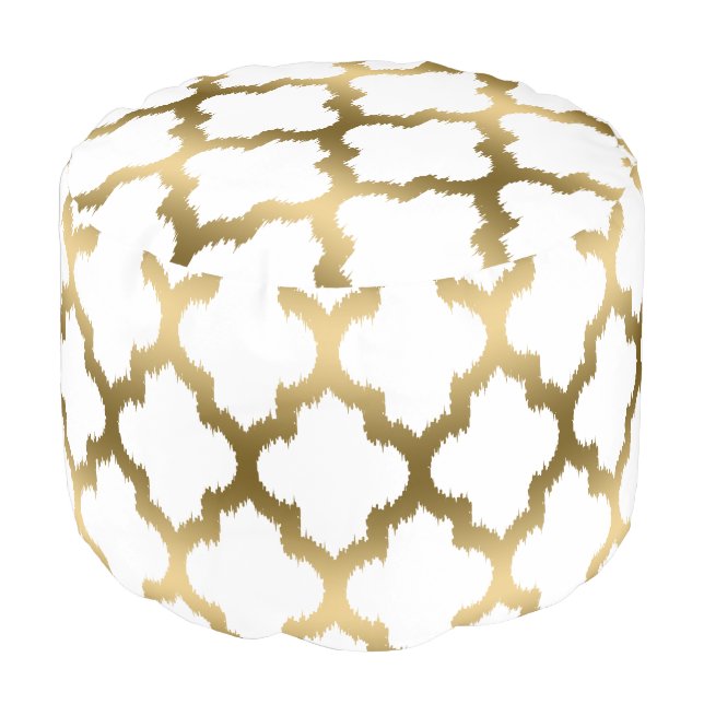 Modern White & Gold Quatrefoil Ikat Pattern Pouf (Angled Front)