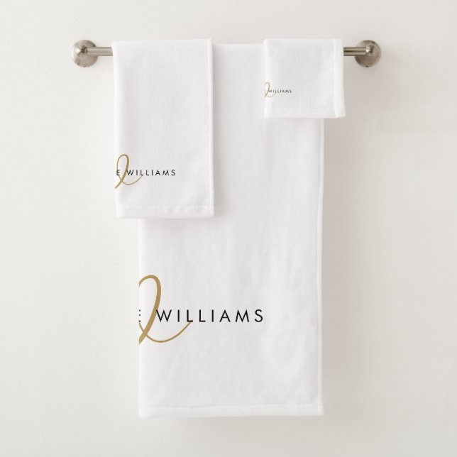 Modern White Gold Script Monogram Bath Towel Set (Insitu)