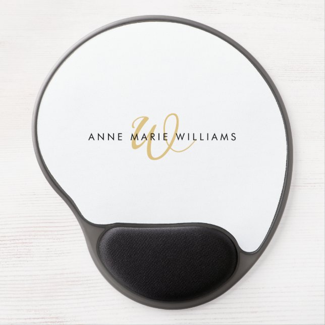 Modern White Gold Script Monogram Gel Mouse Pad (Front)