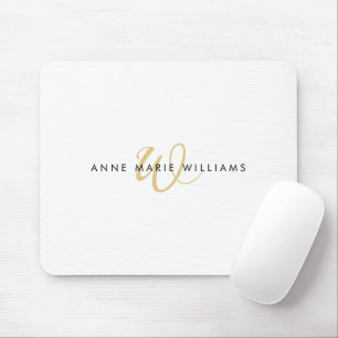 Modern White Gold Script Monogram Mouse Pad