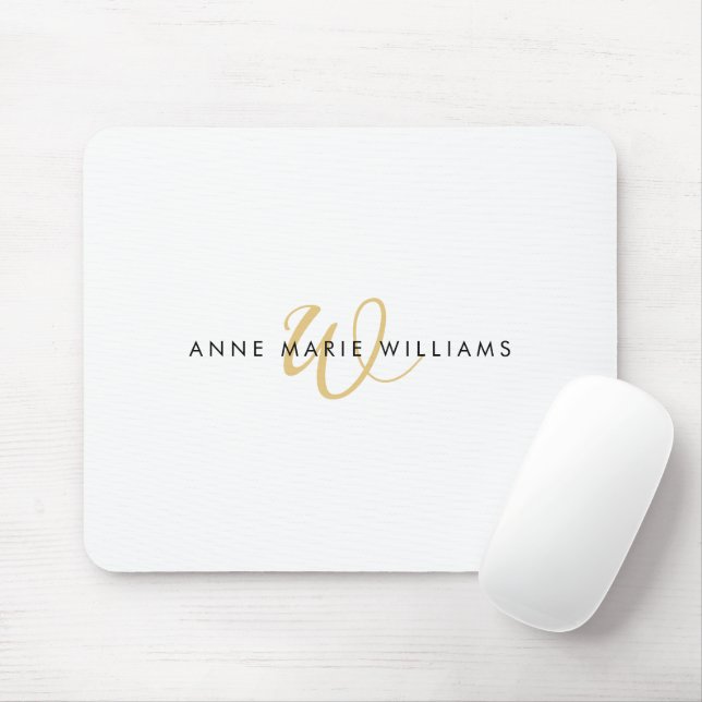 Modern White Gold Script Monogram Mouse Pad (With Mouse)