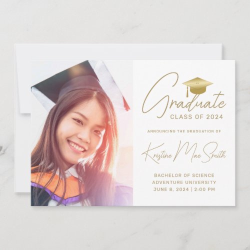 Modern White Gold Script Photo College Graduation Announcement