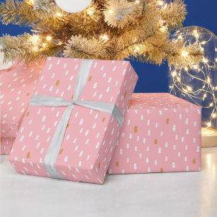Modern White Gold Simple Trees Pink Christmas Wrapping Paper