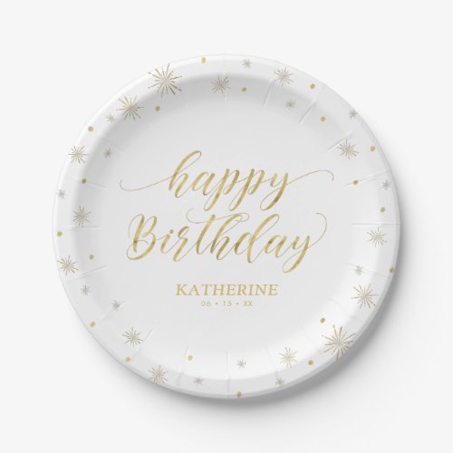 Modern White  Gold Sparkle Happy Birthday Party Paper Plates