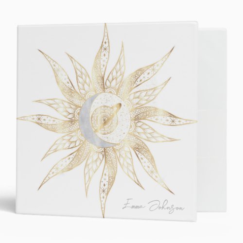 Modern White Gold Sun Moon Planet Universe Mandala 3 Ring Binder