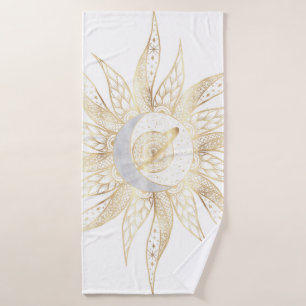 Modern White Gold Sun Moon Planet Universe Mandala Bath Towel Set