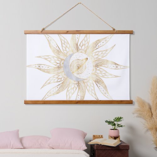 Modern White Gold Sun Moon Planet Universe Mandala Hanging Tapestry