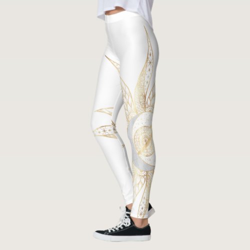 Modern White Gold Sun Moon Planet Universe Mandala Leggings