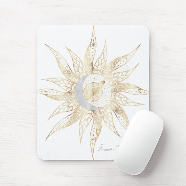 Modern White Gold Sun Moon Planet Universe Mandala Mouse Pad (With Mouse)