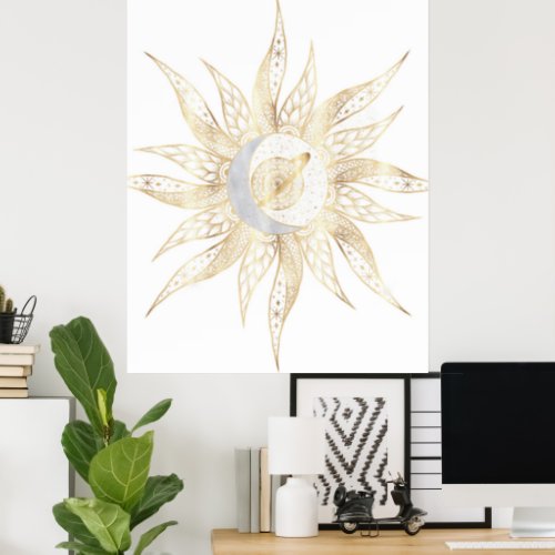 Modern White Gold Sun Moon Planet Universe Mandala Poster