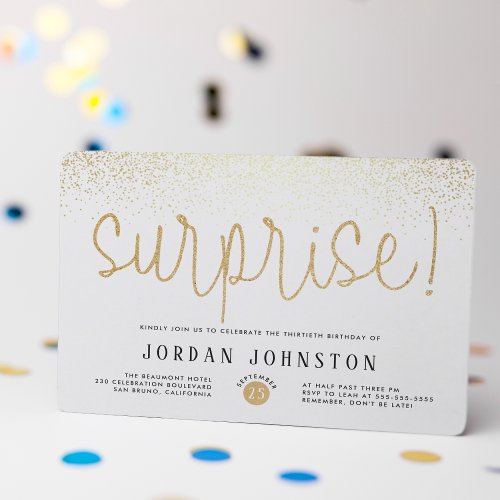 Modern White  Gold Surprise Birthday Party Invitation Postcard