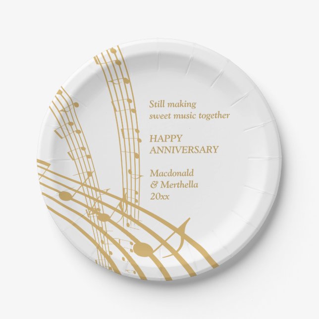 Modern White Gold SWEET MUSIC Happy Anniversary Paper Plates (Front)