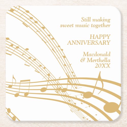 Modern White Gold SWEET MUSIC Happy Anniversary Square Paper Coaster