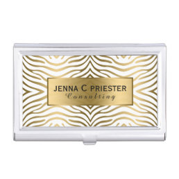 Modern White &amp; Gold Zebra Stripes Pattern Business Card Holder