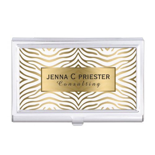 Modern White  Gold Zebra Stripes Pattern Business Card Holder