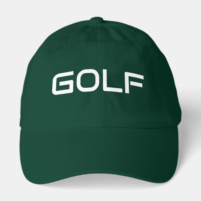 Modern White GOLF Text Forest Green Background Hat (Front)