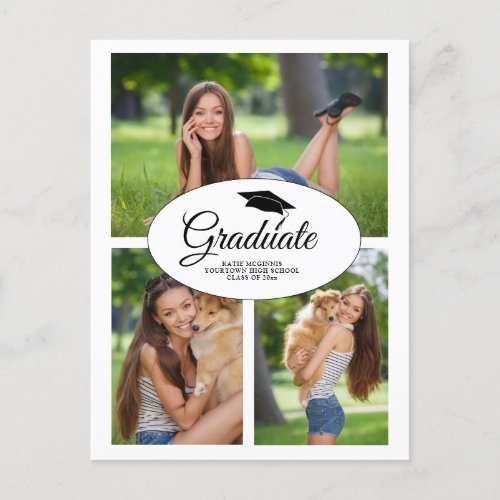 Modern White Graduation 3 Photo Collage Invitation Postcard
