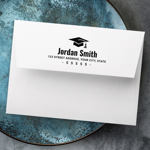 Modern white graduation hat return address envelope