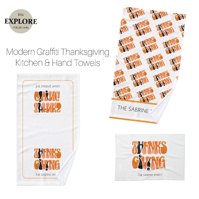 Modern White Graffiti Thanksgiving Autumn Fall  Kitchen Towel (Creator Uploaded)