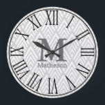 Modern White & Gray Art Deco Roman Numerals Name Large Clock<br><div class="desc">Trendy wall clock featuring a modern white and gray arrows design with large black roman numerals and personalized monogram. The background color is light gray but can  be customized.</div>