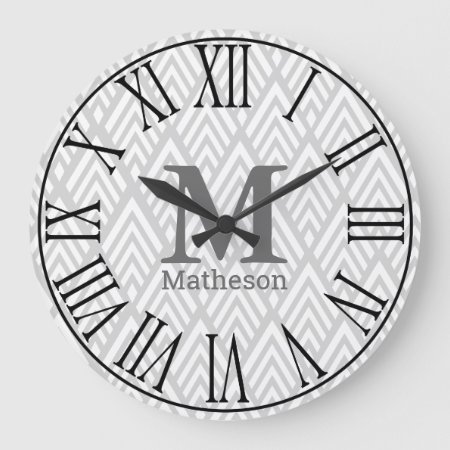 Modern White & Gray Art Deco Roman Numerals Name Large Clock