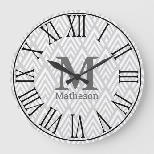 Modern White  Gray Art Deco Roman Numerals Name Large Clock