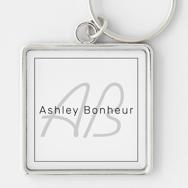 Modern White Gray & Black | Cool Name & Monogram Keychain (Front)