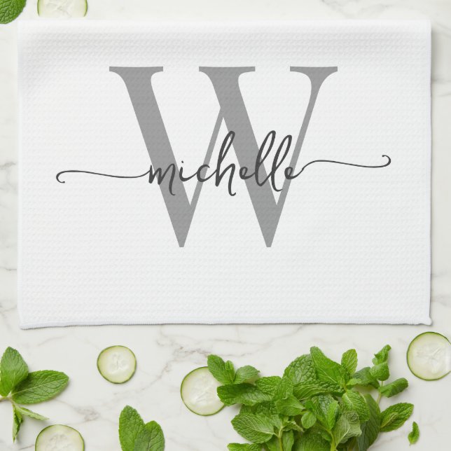 Modern White Gray Custom Monogram Name Script Kitchen Towel (Folded)
