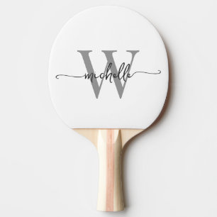 Modern White Gray Custom Monogram Name Script Ping Pong Paddle