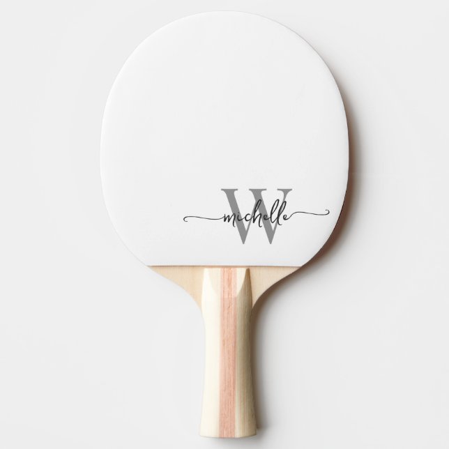 Modern White Gray Custom Monogram Name Script Ping Pong Paddle (Front)