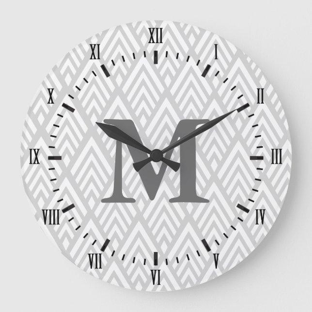 Modern White & Gray Deco Roman Numerals Name Large Clock (Front)