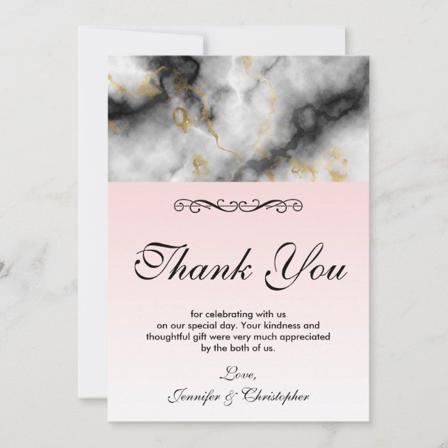 Modern White Gray Marble & Gold Ribbon Thank You Card (Front)