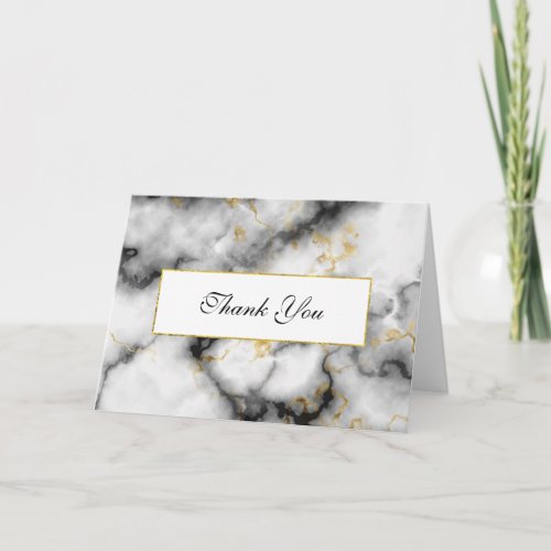 Modern White Gray Marble  Gold Ribbon Thank You Card