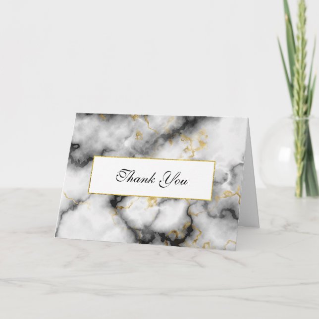 Modern White Gray Marble & Gold Ribbon Thank You Card (Front)