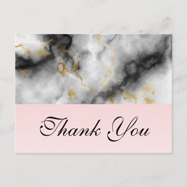 Modern White Gray Marble & Gold Ribbon Thank You Postcard (Front)