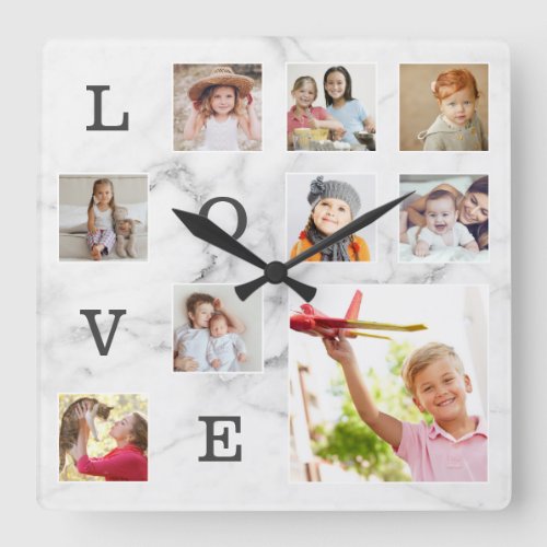 Modern White Gray Marble Photo Family Collage Love Square Wall Clock