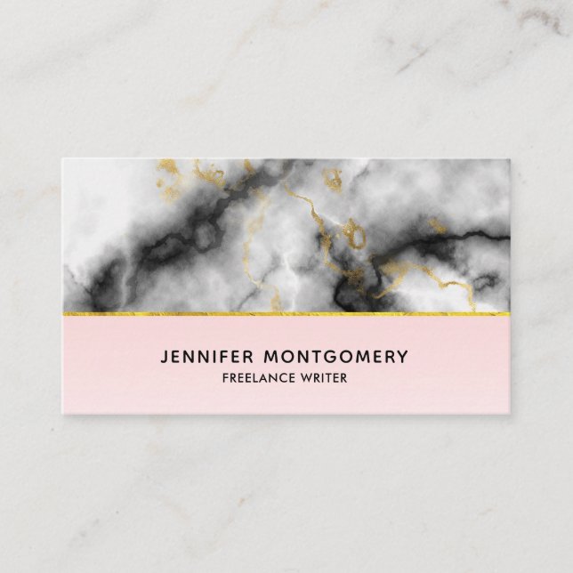 Modern White Gray Marble with Gold Ribbon Business Card (Front)