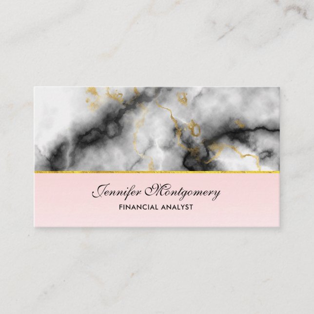 Modern White Gray Marble with Gold Ribbon Business Card (Front)