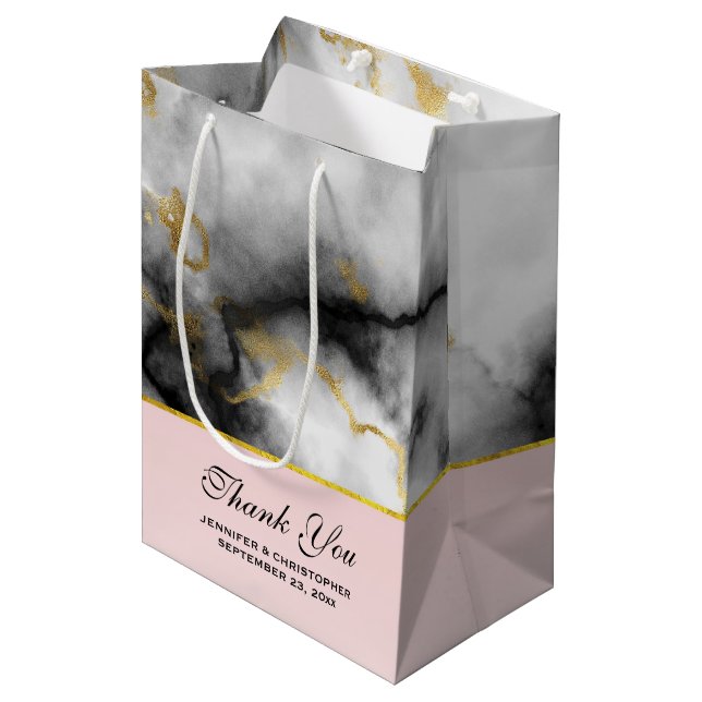 Modern White Gray Marble with Gold Ribbon Medium Gift Bag (Front Angled)