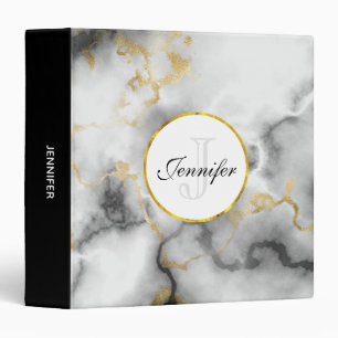 Modern White Gray Marble with Gold Ribbon Monogram 3 Ring Binder
