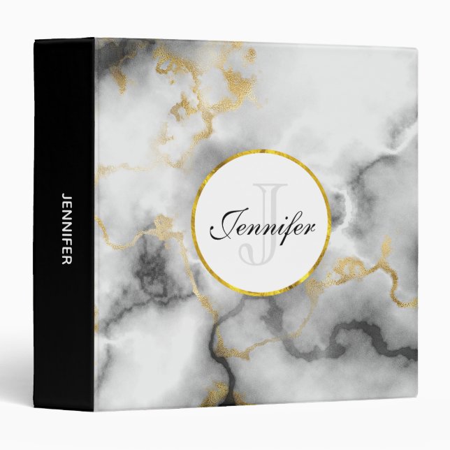 Modern White Gray Marble with Gold Ribbon Monogram 3 Ring Binder (Front/Spine)