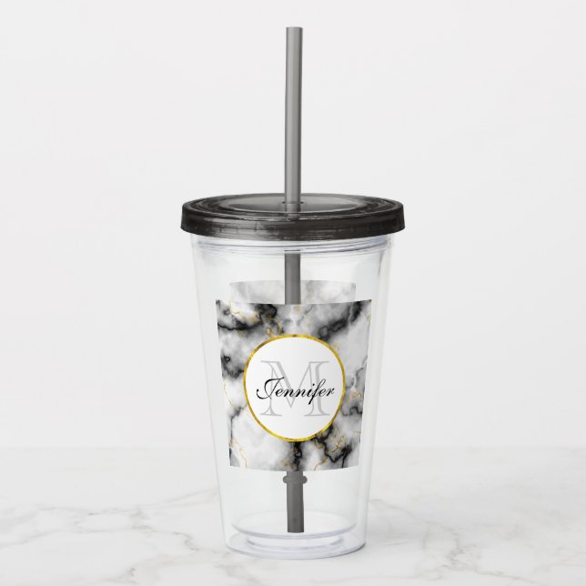 Modern White Gray Marble with Gold Ribbon Monogram Acrylic Tumbler (Front)