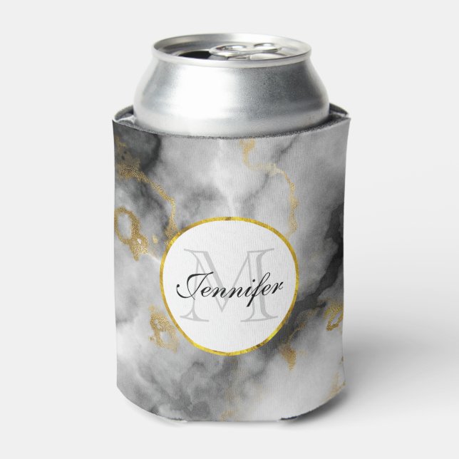 Modern White Gray Marble with Gold Ribbon Monogram Can Cooler (Can Front)