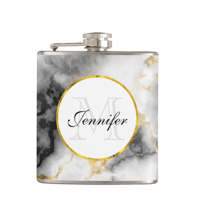 Modern White Gray Marble with Gold Ribbon Monogram Flask (Front)