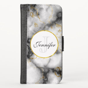 Modern White Gray Marble with Gold Ribbon Monogram iPhone X Wallet Case